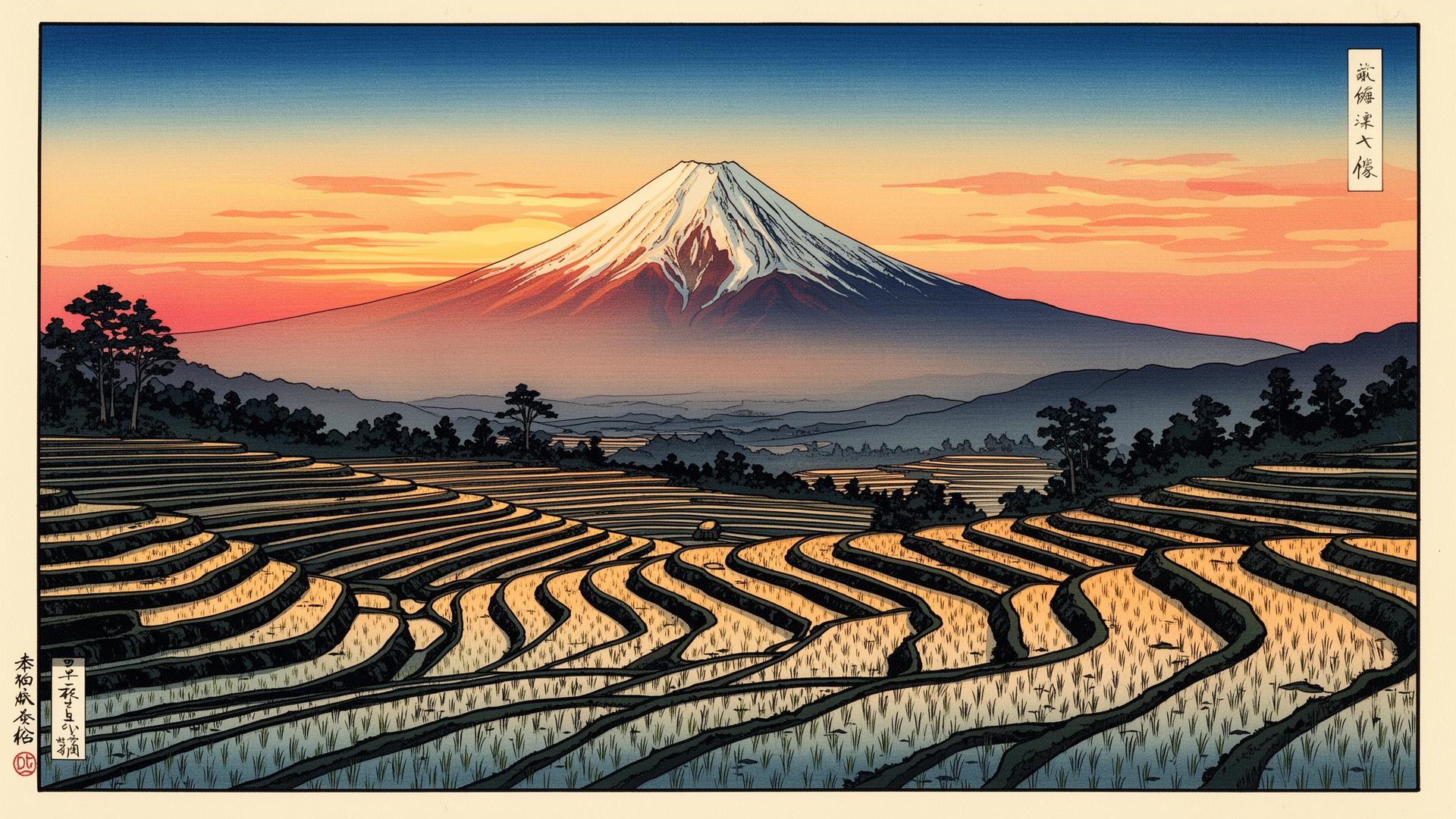 Abstract ukiyo-e illustration of neural networks flowing through nature